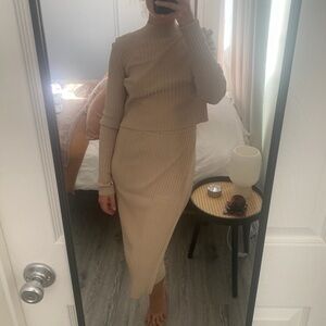 Ribbed Knit Co-ord Set Midi Skirt + Long Sleeve Sweater Nude Color